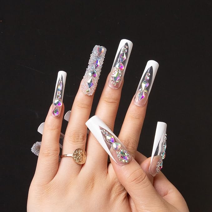 LOVFUL Press on Nails Aurora Light | Handmade with Full Covered Crystals | Reusable Fake Nails | Square Mid length 1.7in | H36-M