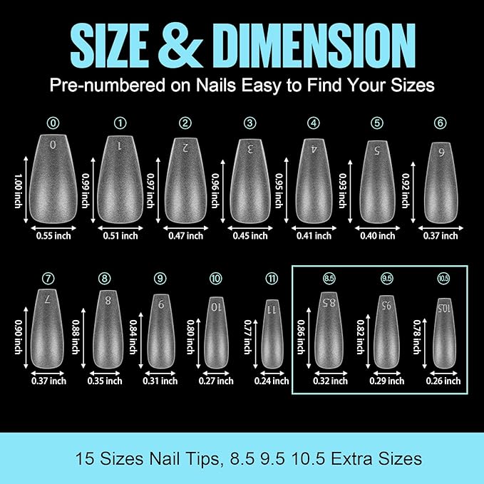 TOMICCA Medium Coffin Nail Tips 360pcs Soft Pre Shaped Gel Nail Tips 15 Sizes Full Cover Coffin Nails Acrylic Full Matte Gel Fake Nails for Soak Off Nail Extensions