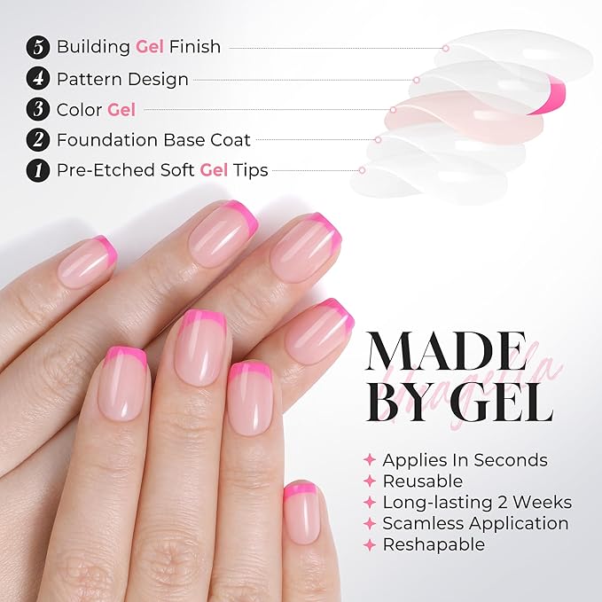 UNA GELLA 32Pcs Soft Gel Press on Nails - 16 Sizes Hot Pink French Tip Short Square Glue on Nails, Reusable Nude Pink False Nails, Full Cover Acrylic Nail Kit for Women DIY Home Manicure