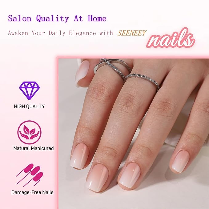 Square Press On Nails Short SEENEEY Soft Gel Ombre Fake Nails, Reusable Stick On Nail in 16 Sizes Glue on Nail for Women 32pcs, Gradient 02