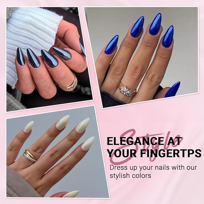 6 Pack Chrome Press On Nails Almond, KQueenest Acrylic Press On Nails Medium Stiletto, Glitter Metallic Fake Nails Press Ons Design, Cute Glazed Glue On Nails for Women Gift 144 Pcs