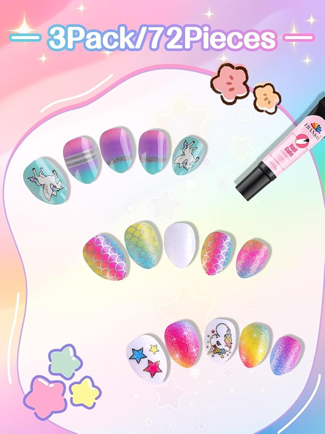 EBANKU Press on Nails Girls, 72Pcs Fake Artificial False Nail Tips Full Cover Star Cute Patterns Design Acrylic Nails with Nail Glue for Home Party