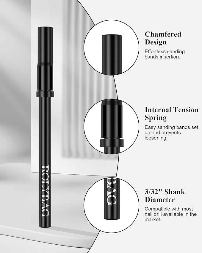 Rolybag 5Pcs Mandrel Nail Drill Bit 3.1mm Mini Mandrel Bit for Nails 3/32" Shanks E-File Nail Drill Bits for Small Sanding Bands Acrylic Gel Nails Manicure and Pedicures (Black)