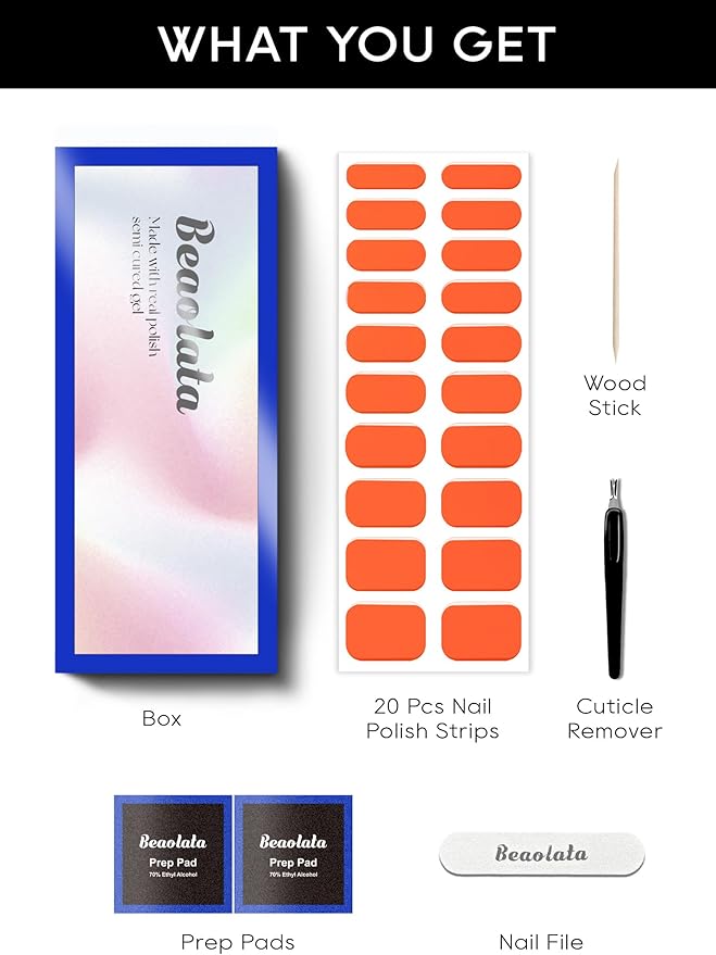 Semi Cured Gel Nail Strips - UV Light Gel Nail Stickers - 20 Long Lasting Salon Quality Wraps (Vibrant Orange)