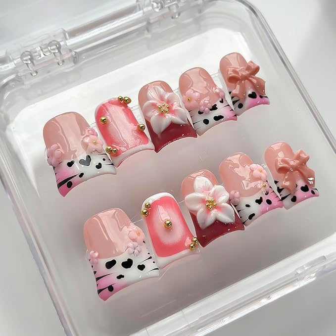 Luxury Press on Nails Short Duck Handmade 3D Unique Reusable ABS Material Fake Nails Pink French Tip False Nails with Designs Bow Flower Cow Print Glossy Glue on Nail Thick Acrylic Nail(S)