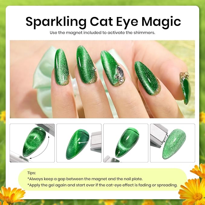 Beetles Green Gel Nail Polish Set - 6 Colors Cat Eye Sparkle Glitter Yellow Flash Lime Starter Kit with Magnet UV LED Needed Spring Summer St Patricks Gifts for Women DIY at Home Salon