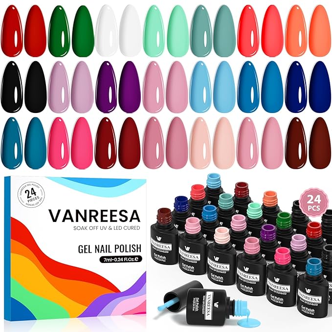 VANREESA 24 Pcs Gel Nail Polish Set, 21 Colors Gel Polish with Base Coat Glossy & Matte Top Coat Nude Pink Red Orange Green Blue Purple Gel Polish Kit Nail Kit Gifts for Women