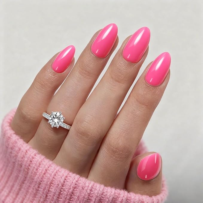 Pink Press On Nails Almond -Short Press On Nails with Nail Glue, Fit Perfectly & Natural Reusable Stick On Nails in 12 Sizes - 24PCS Soft Gel Glue On Nails Kit