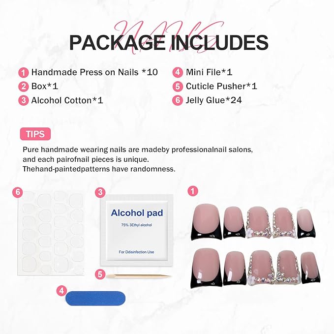 10 Pcs Handmade Press on Nails Short Square 3D Flower & Rhinestone False Nails Design Black French Tip Fake Nail Full Cover Muti-Layer Gel Acrylic Stick on Nail for Women Manicure (Size M)