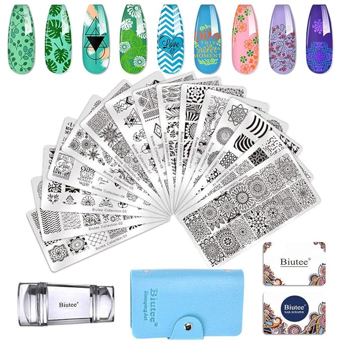 Biutee 19pcs Nail Stamp Plates set 15 plate 1Stamper 2Scraper 1storage bag Nails Art Stamping Plate Scraper Stamper Set Leaves Flowers Animal Nail plate Template Image Plate