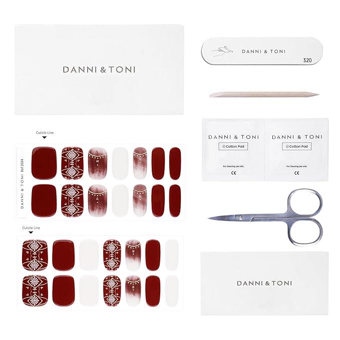 DANNI & TONI Semi Cured Gel Nail Strips Winter Holiday (Flower Blaze) Wine Red Gradient Gel Nail Wraps 28 Stickers