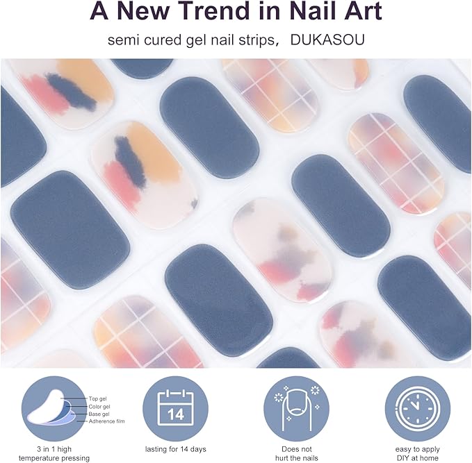 Semi Cured Gel Nail Strips,28 pcs Street Color Gel Nail Stickers with UV Light Required,Long Lasting Nail Art Stickers, Easy to Apply（Cream Blue）