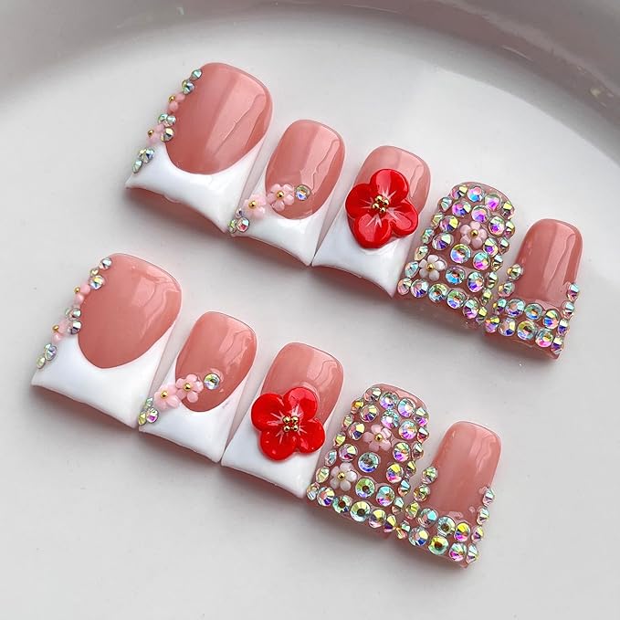French Tip Press on Nails Handmade Short Duck 3D Flower Thick Acrylic Nails Elegant False Nails with Rhinestones Red Floral Designs White Glossy Fake Nail White Sturdy Art Press on Nail 10Pcs(S)