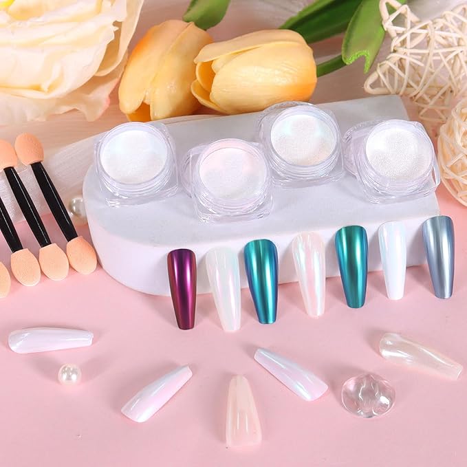 SIUSIO 4Colors Chrome Nail Powder Metallic Mirror Glitter Effect Pigment Iridescent Aurora Dip Powder, Mermaid Pearl Dust Kit for Gel Polish Nail Art Decoration, Resin Craft-Colorful Dream