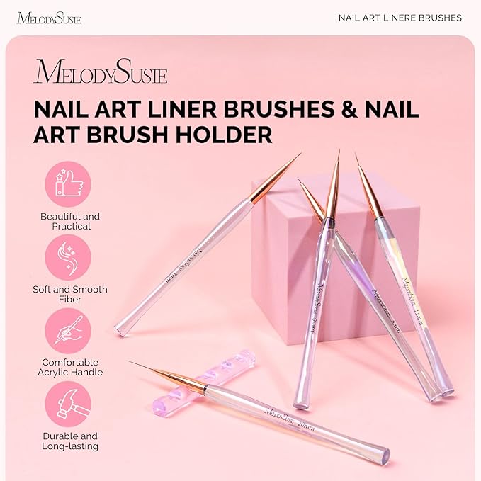 MelodySusie 5Pcs Nail Art Liner Brushes with Nail Brush Holder, Professional Gel Polish Painting Art Design Pen for Thin Long Lines, Tiny Details, Fine Drawing, Delicate Coloring Sizes 5/7/9/11/20mm
