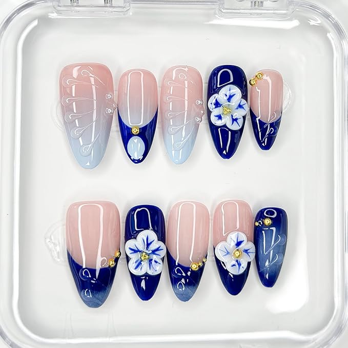 Luxury Press on Nails Medium Almond Handmade 3D French Tip Unique Reusable ABS Material Fake Nails Blue False Nails with Designs Pearls Floral Art Petal Glossy Glue on Nails Thick Acrylic Nails(S)