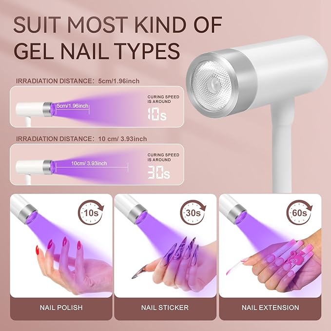 AORAEM UV LED Nail Lamp, Rechargeable Gooseneck Lamp for Gel Nails 12W Quick Dry LED Nail Light Bueaty Dryer with 4 Timers & Auto Sensor, Professional Flash Cure Light for Gel Nails Home DIY White
