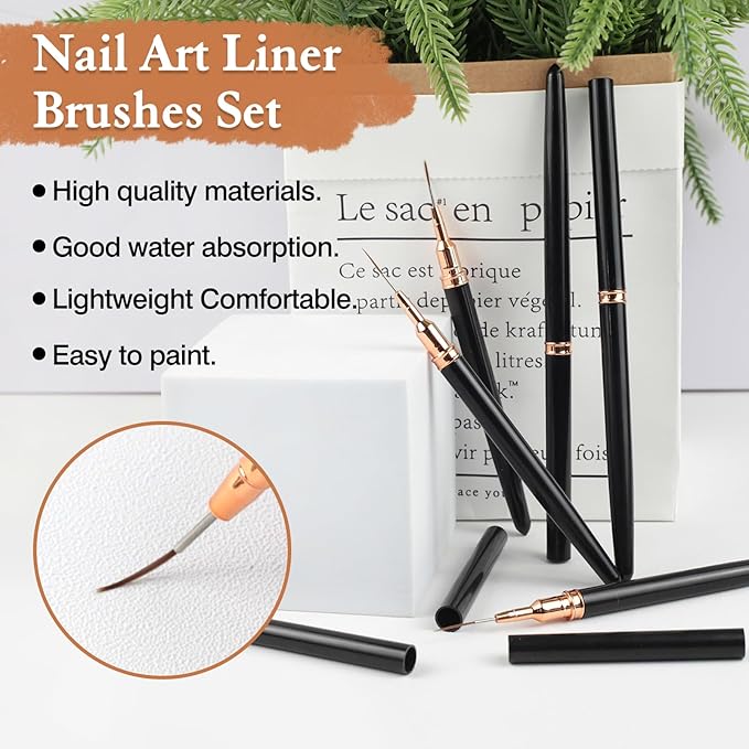 5PCS Metallic Nail Art Liner Brush Set – Fine Detail Pens for Thin Lines, UV Gel Polish Painting & Nail Design (Black Handles)