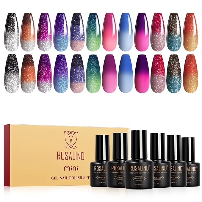 ROSALIND 12PCS Color Changing Gel Nail Polish, Temperature Mood Change Red Pink Purple Blue Colors Gel Polish Soak Off UV Thermal Nail Polish Set for Manicure DIY at Home and Salon