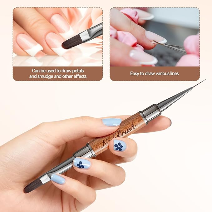 Acrylic Nail Brush,Double-ended Nail Brush French Tip Brush,Nail Art Painting Brush for Long Lines,Thin Details, Fine Drawing,Builder Gel,Polygel (Long-build brush+10mm Line brush)