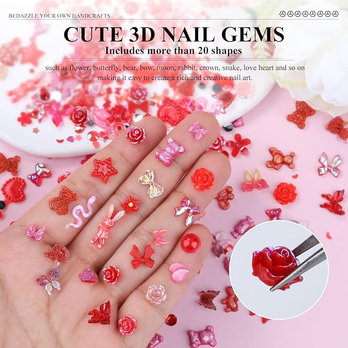100 Pieces 3D Resin Butterfly Bear Nail Charms Rose Flower Peach Skirt Bow Deer Snake Rabbit Animal Shaped Nail Art Rhinestones Pearls for DIY Nail Art Decoration Making Craft (Red)