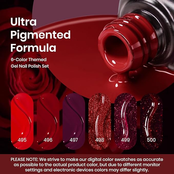 Beetles Red Gel Nail Polish Set Gel Polish 6 Colors Burgundy Red Glitter Purple Soak Off UV LED Art Design Decoration DIY Nail Gifts for Women Poinsettia