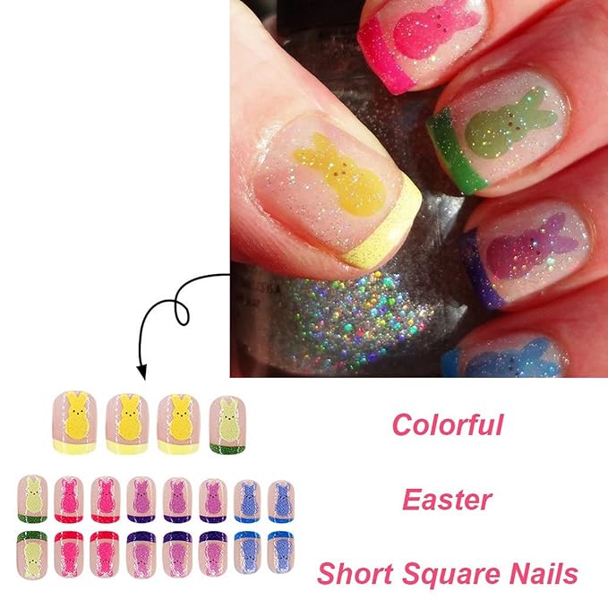 24 Pcs Colorful French Tip Easter Press on Nails Short Square Fake Nails with Easter Cute Rabbit Designs Glitter Full Cover Spring Easter Bunny False Nails Party Nail Decorations for Women Girls Kids