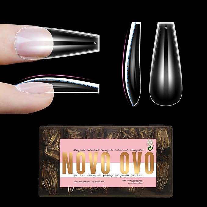 NOVO OVO Long Coffin Nail Tips SCULPTED (Not NATURAL) for Curved Nail Beds, Extra Thick L Length False Nails Press on, Full Cover Soft Gel Fake Nail Extension, Salon DIY x 15 Sizes 450 pcs