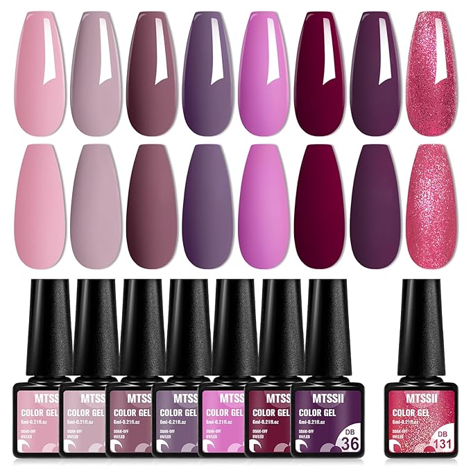 MTSSII Gel Nail Polish 8 Colors, Pink Brown Burgundy Red Gel Polish Set Peach Pastel Pink Nail Polish Gel Kit Soak Off Manicure Set Nail Art Gift for Women DIY Home Salon