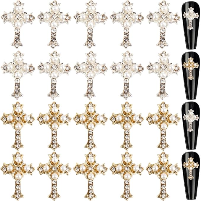 CRASPIRE 40Pcs 2 Styles Cross Nail Charms 3D Y2K Luxury Nail Gems Set Metal Alloy Rhinestone Pearl Flat Gothic Vintage Punk Studs Decor for Women Nail Art DIY Crafts Jewelry Christmas Decor Cellphone