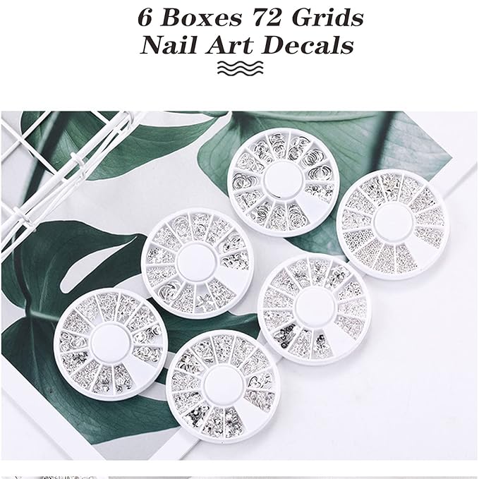 3D Nail Charms CXUEMH 6 Boxes 72 Grids Nail Rivets Set Metallic Nail Art Stickers Nail Jewelry Decorations Multiple Shapes Silver Star Metal Nail Studs Decals DIY Nail Accessories (silver)
