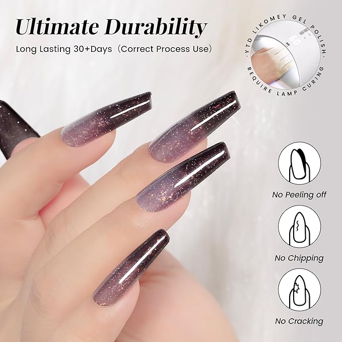 YTD Likomey Color Changing Gel Nail Polish with Base Coat and Top Coat Set,Fall Winter Shine Brocade Glitter Mood Temperature Change Red Green Pink Black Thermal Ombre UV Color Gel,8 Pcs 7.5 ml
