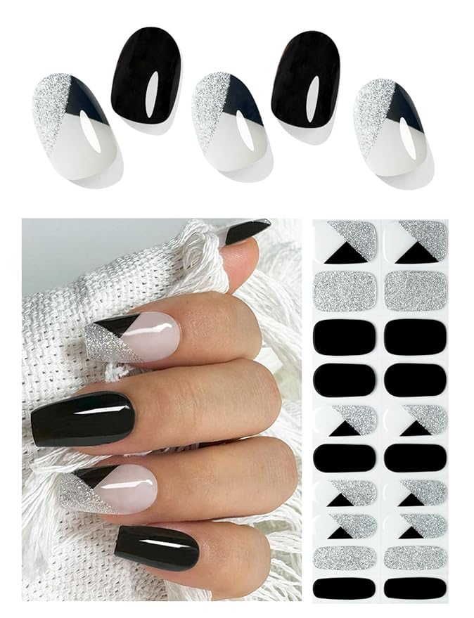 Semi Cured Gel Nail Strips - Black Glitter | 20pcs Gel Wraps UV for Home Nails DIY