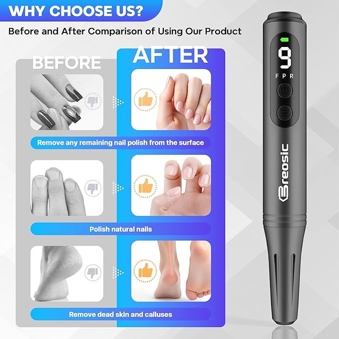 Electric Nail Drill Professional 35000RPM,Rechargeable Electric Nail File Cordless with 9-Speed & LED Display,12-in-1 Portable Manicure Pedicure kit for Acrylic Gel Dip Powder Nails (Gray)