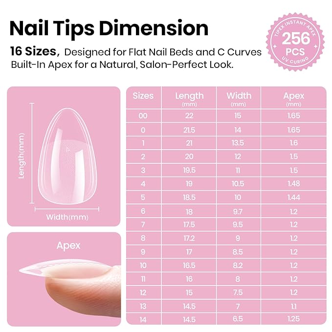 Beetles Tipex Lite Pre-Built Apex Gel Nail Tips, Almond Short, 256pcs Value Pack, 16 Sizes, Flat-Nail Friendly Acrylic Tips for Natural Nail Beds, Easy for Beginner DIY