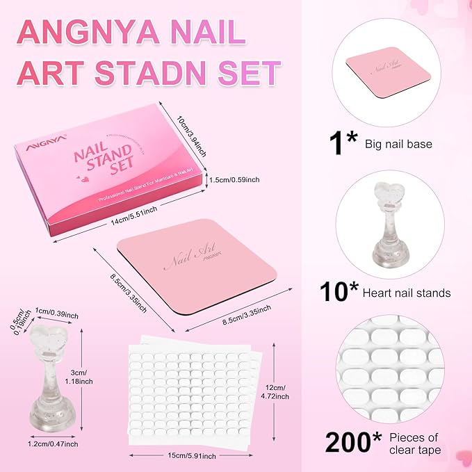 ANGNYA Nail Stand for Press Ons,Square Shape Super Magnetic Base Nail Holder for Painting Nails with 200 Pcs Reusable Double-Sided Tape for Nails Practice Nail Tools Home DIY Salon Supplies
