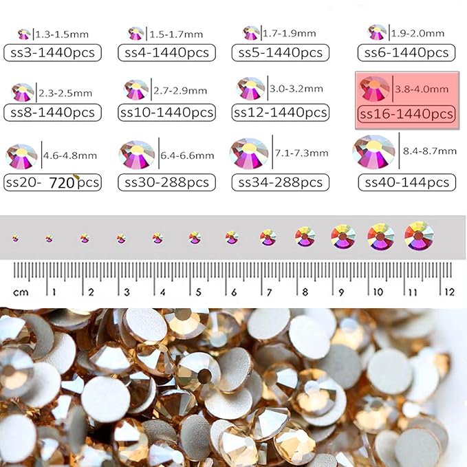 Dowarm 1440 Pieces SS16 Flatback Crystals, 4MM Flatback Crystal Rhinestones for Craft Nails Dance Costumes, Flat Back Nail Crystals, Non Hotfix Rhinestones (SS16 / 4MM, Champagne/Golden Shadow)