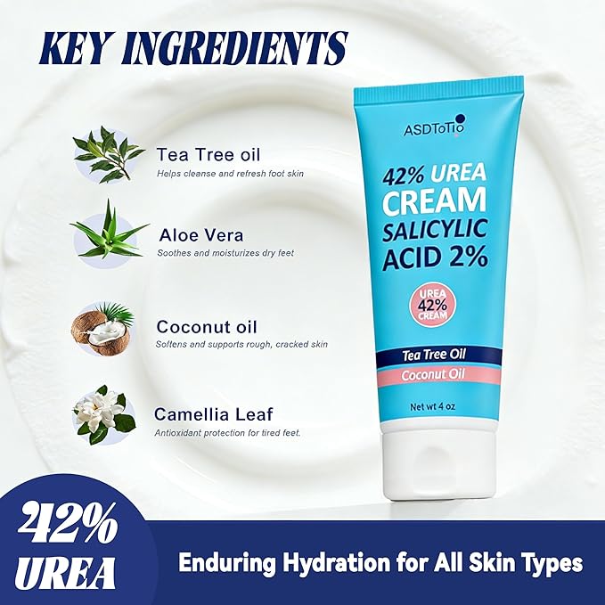 Urea Cream 42% - Foot Care for Dry Cracked Heels, Foot Lotion - With 2% Salicylic Acid, Tea Tree Oil, Shea Butter, Aloe Vera - For Feet, Hands, Heels, Elbows, Knees and More - 4 oz