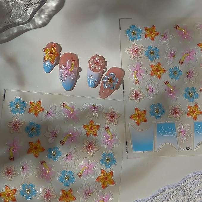 1Sheet 5D French Tip Nail Art Stickers Embossed Spring Nail Decals Colorful Camellia Lily Hibiscus Cherry Blossom Nail Design Supplies Self Adhesive Flower Nail Stickers for Women DIY Manicure