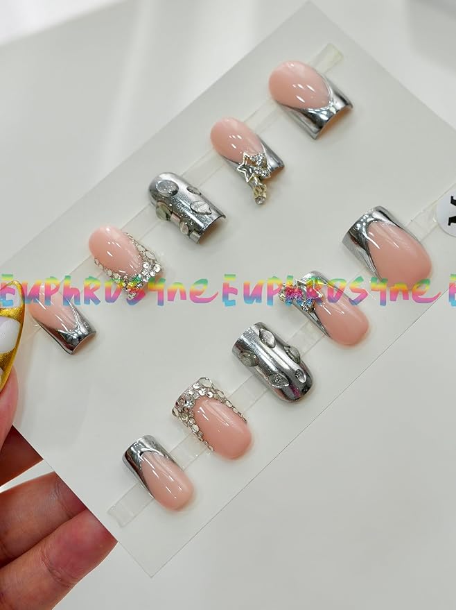 10PCS Nude Pink and Chrome Silver Press On Nails – Short Coffin Fake Nails with Rhinestones, Chain Accents & Mirror Metallic Tips, Reusable Luxury Nails for Women and Girls – Euphrosyne