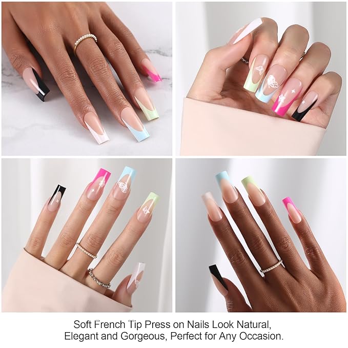 French Tip Press on Nails, 150pcs Square Long Soft French Gel Nail Tips in 15Sizes, 3 in 1 Pre-lasting Acrylic Fake Nails, No Need to File False Nail Tips Extension for Women Girl Nails DIY