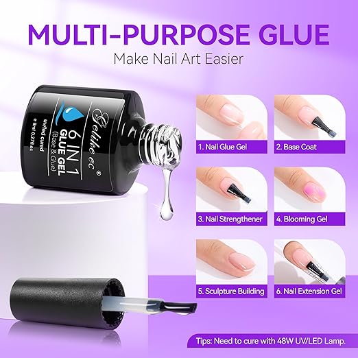 Gelike EC UV 6 in 1 Gel Nail Glue and Top Coat Kit No Wipe for Press-On Nails Gel-X Extensions Builder Gel Blooming No Pop-Off Low Odor Hema-Free Acrylic False Tips DIY at Home & Salon Art