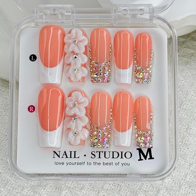Handmade Press on Nails Medium Square Fake Nails White French False Nails Rhinestone Cute 3D Flower Full Cover Stick on Nails Handmade for Girls Manicure Art Decoration Accessories (Size M)