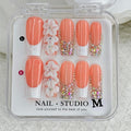 Handmade Press on Nails Medium Square Fake Nails White French False Nails Rhinestone Cute 3D Flower Full Cover Stick on Nails Handmade for Girls Manicure Art Decoration Accessories (Size M)
