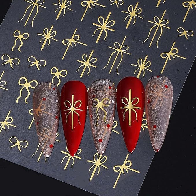 6 Sheets Bow Nail Stickers for Nail Art Christmas Nail Design Decals - Red,Green,Gold Bows Stickers for Nails,Christmas DIY Manicure Decor for Women Girls