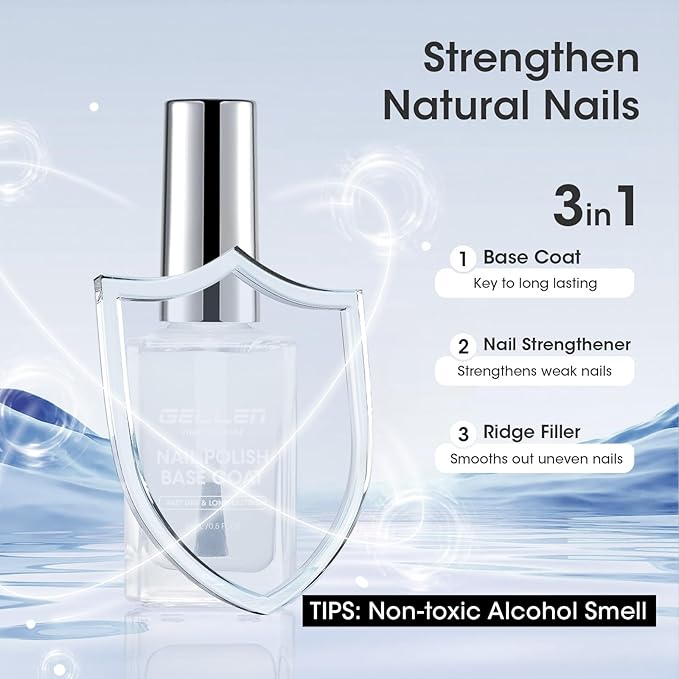 GELLEN Clear Nail Polish Base Coat, Quick Air Dry Calcium-Formula Regular Nail Polish Strengthens Nails, Anti-yellowing, Not UV Gel, TPO & HEMA Free, Non-toxic, No Chip, Long Lasting