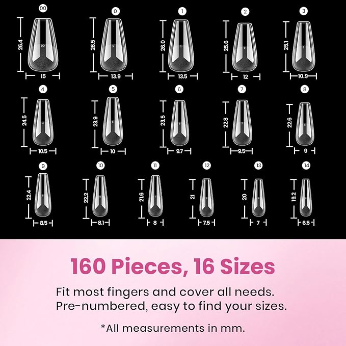 Beetles Gel Nail Tips Flat-X - Coffin Medium, 160pcs 16 Sizes, Pre-Etched Half Matte Full Cover Soft Acrylic False Nail Tips Clear Press on Easy DIY Nail Extension Salon for Flat & Natural Nail Beds