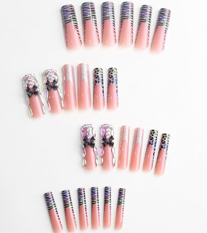 Press on Nails Square - Extra Long Fake Nails with 3D Rhinestones and Bows, Black Leopard French Tips Nude False Nail, Stick On Nails for Women, 12 Sizes - 24 Nail Kit, Sunset Spots