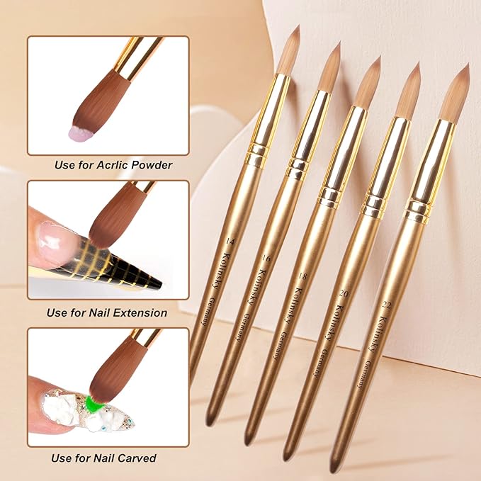 Acrylic Nail Brush Size 10, Kolinsky Acrylic Nail Brush for Acrylic Powder, Application Nail Art Drawing Brush for Extension Nails Carved for Beginners and Professionals (12#, Gold)