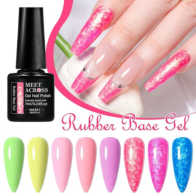 MEET ACROSS Builder Gel Nail Polish 12 Pcs Macaron Rubber Base Gel Polish 3 in 1 Pastel Pink Purple Green Strengthener Swirl Thread Effect Blue Red Soak Off U V Nail Art DIY